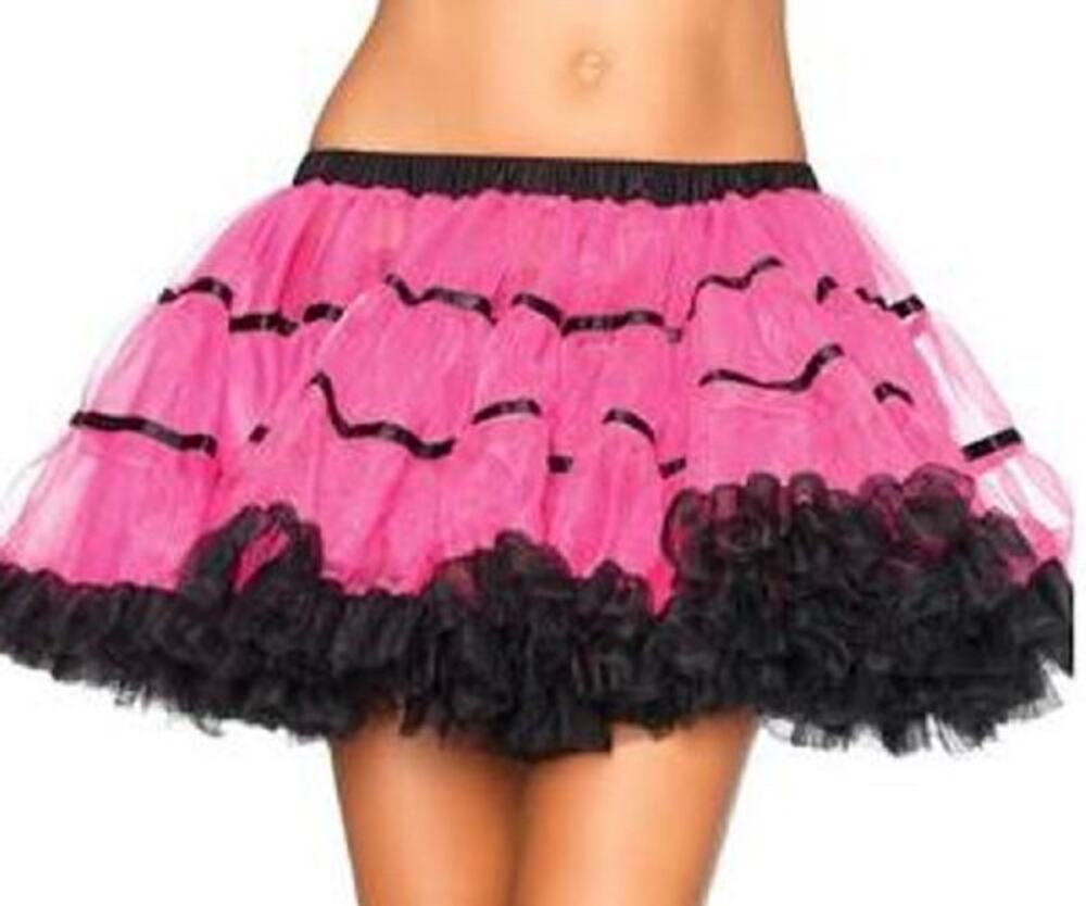 Leg Avenue Hot Pink Black Trim Ruffled Voluminous Mesh Petticoat Tutu OSFM
